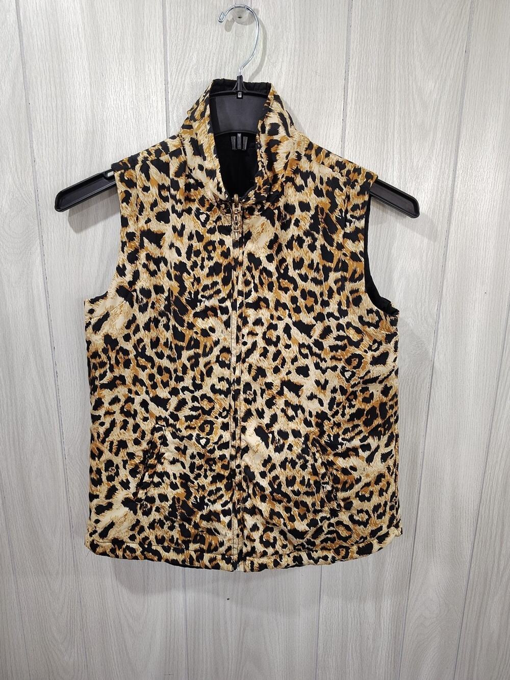 Women's Leopard Print Reversible To Solid Black Full Zip Vest Size S Identify...